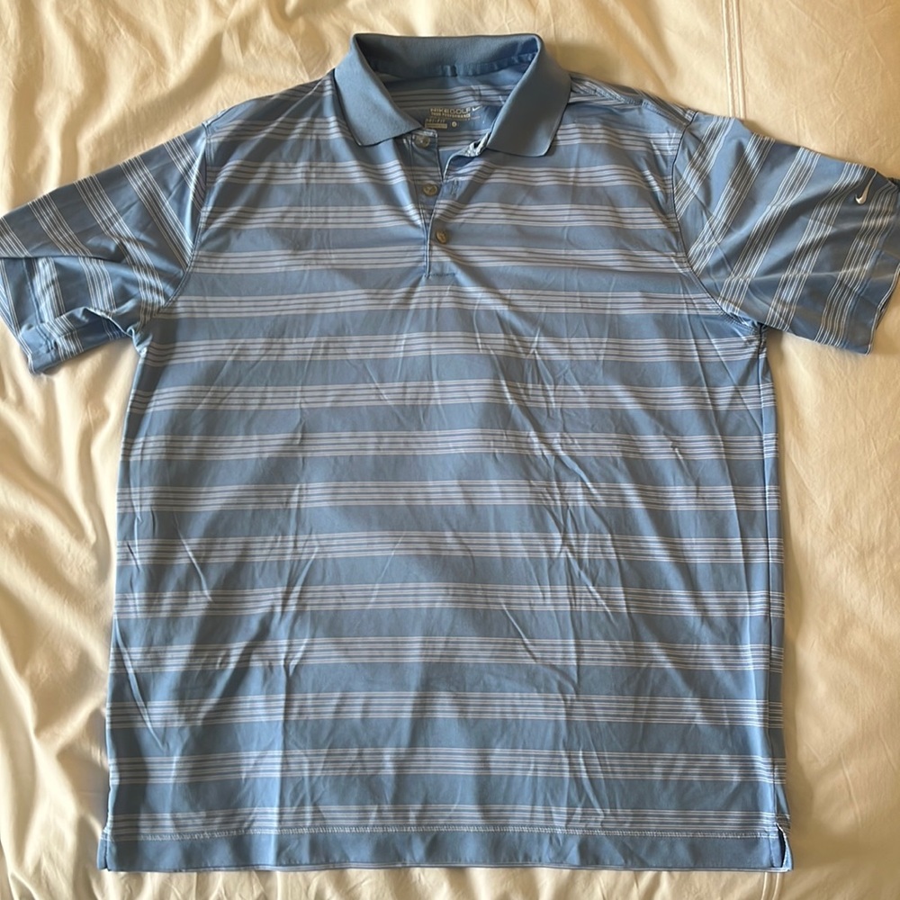 Nike Golf dri-fit blue and white striped polo shirt, large